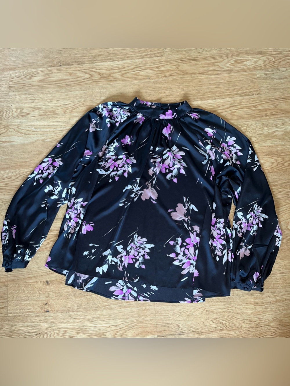 Worthington Women’s Plus 2X Floral Satin Mock Neck Long Sleeve Blouse Black